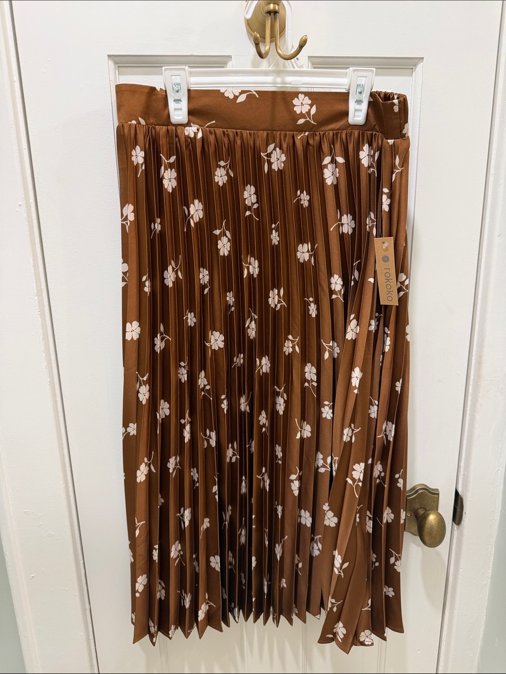 Pleated Floral Midi Skirt in Brown by Tokoyo
